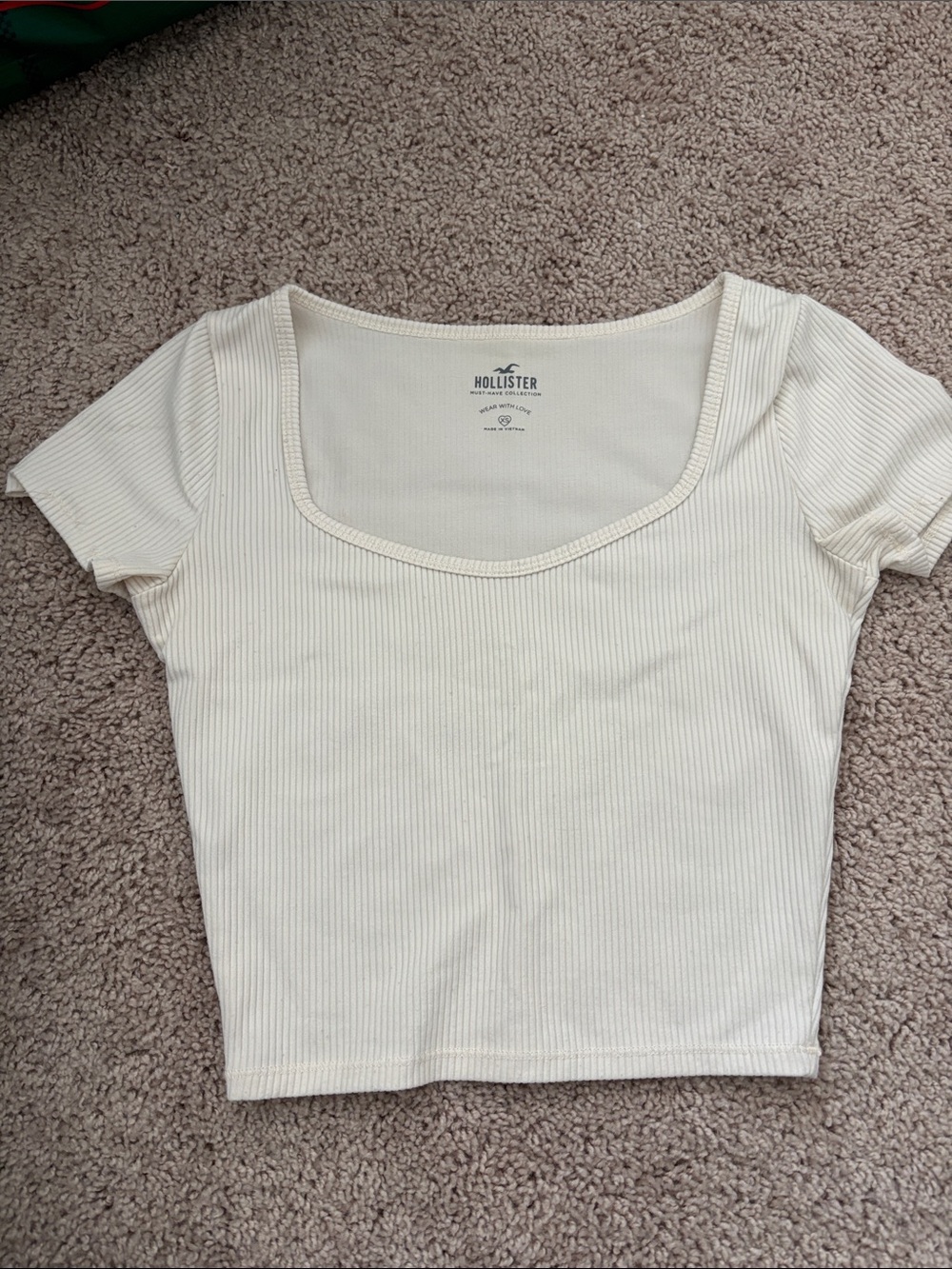 Hollister Ribbed Square-Neck Short Sleeve Crop Top - Cream
